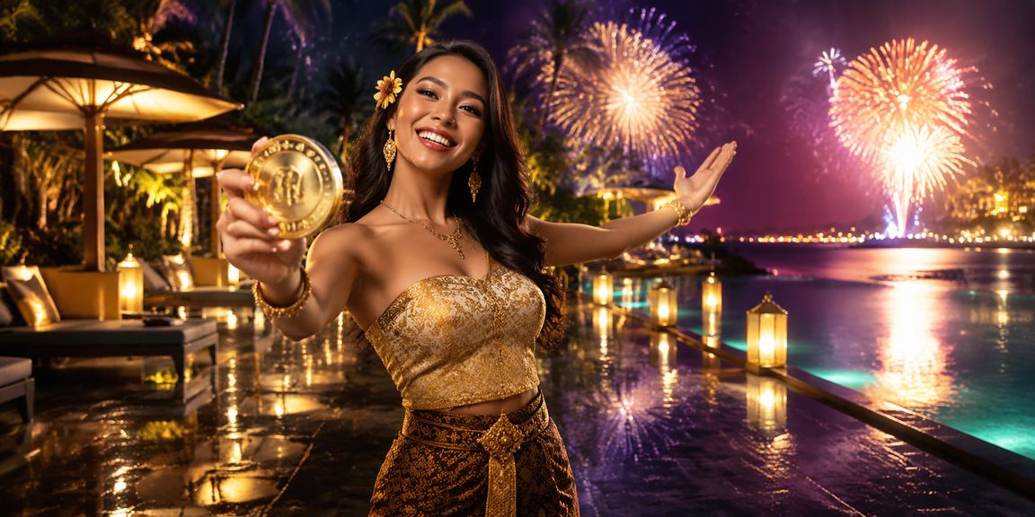 Suasana festival dengan layar besar menampilkan promo cashback bonus yang meriah