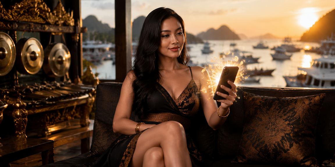 Pengguna wanita memainkan casino di ponsel dengan tampilan aplikasi yang responsif
