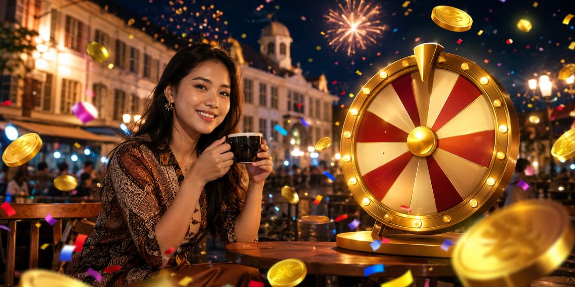 Pengguna antusias mengecek hasil lucky draw di layar laptop dengan minuman kopi